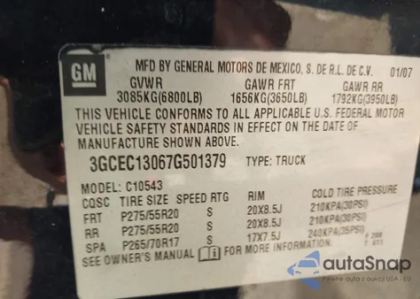 2007 Chevrolet Silverado 1500 Ltz from USA, damaged, VIN 3GCEC13067G501379